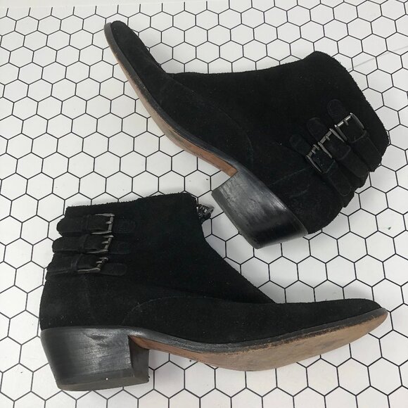 Rebecca Minkoff Alex Black Suede Buckle Booties 9 - Picture 1 of 10